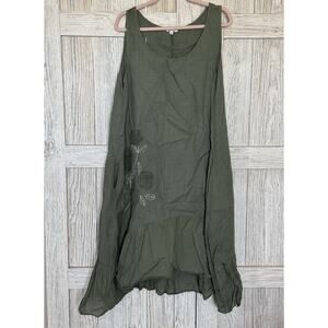 Cristina Vergani Linen Blend Dress Large Tiered Ruffle Boho Green Lagenlook